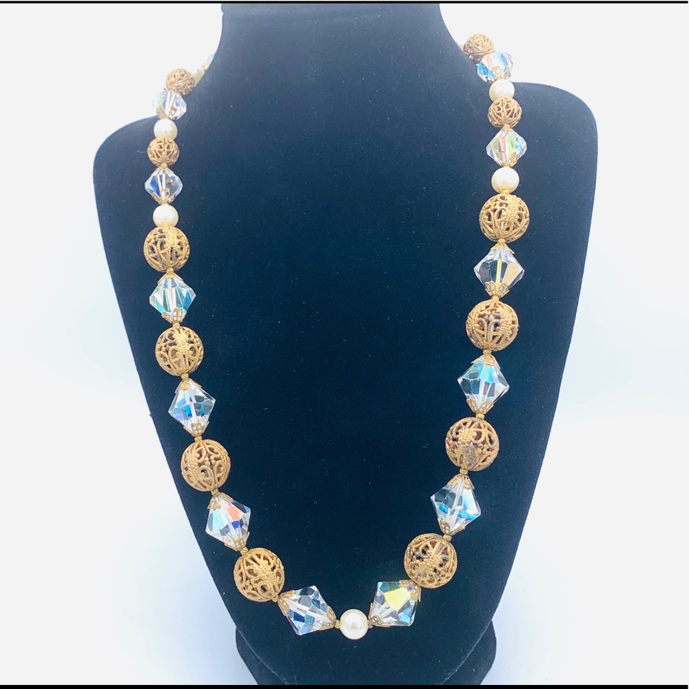Vintage filigree & crystal bead necklace dazzling!